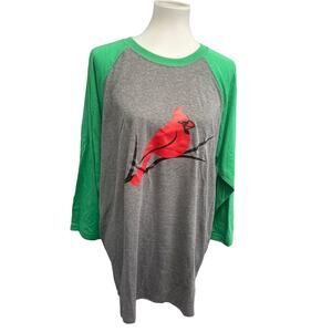 New Hand Printed Womens XL Red Cardinal Bird 3/4 Sleeve Cotton Blend Tee